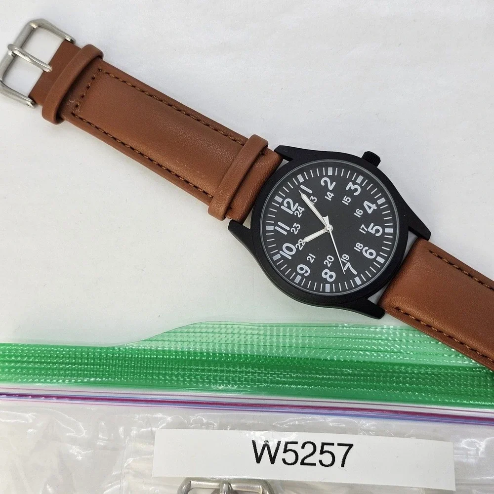 Field Men's Watch 42MM Easy Read Black Dial Black Case Brown Leather Band Straps